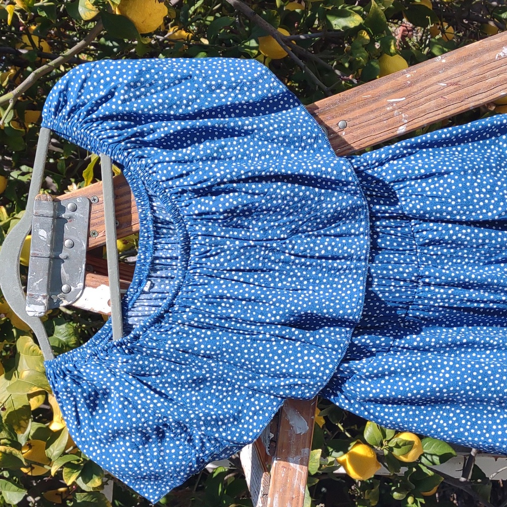 Blue Polka-Dot Tiered Peasant Dress L - Picture 3 of 8